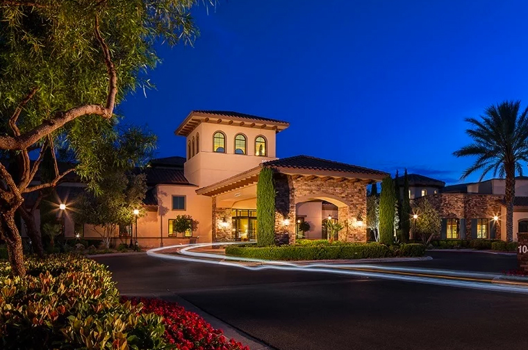 exterior entrance at dusk